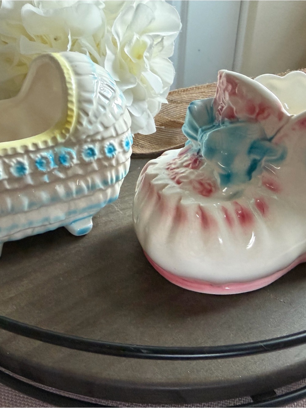 Vintage Ceramic Baby Booties Decorative Planter - White with Pink & Blue